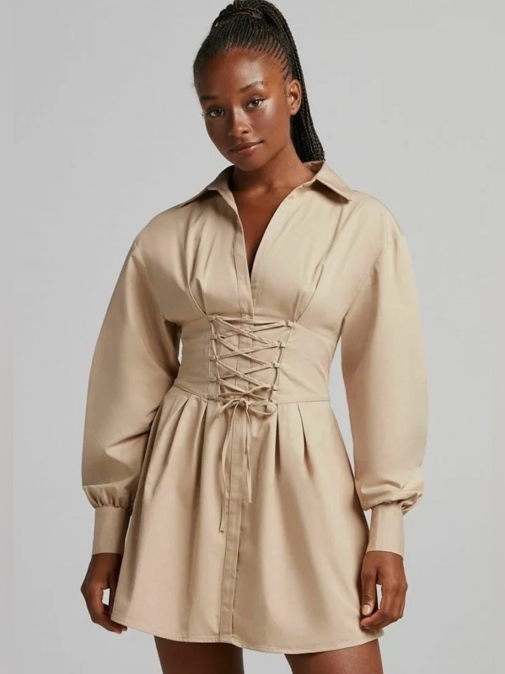 Bershka Poplin Lace Up Mini Dress | S